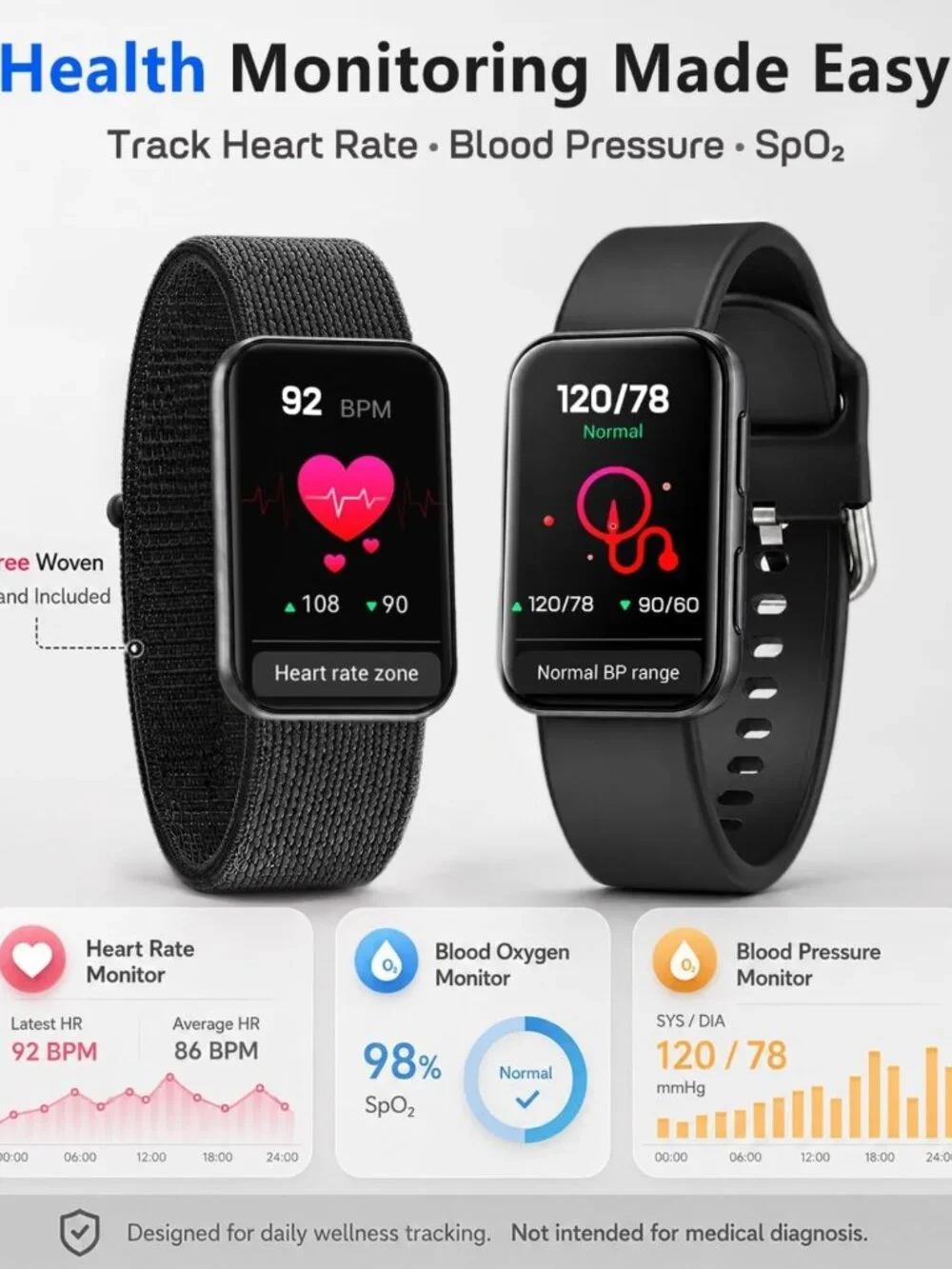 24/7 Heart Rate & Blood Pressure Monitor Smart Watch, Sleep Tracker, IP68